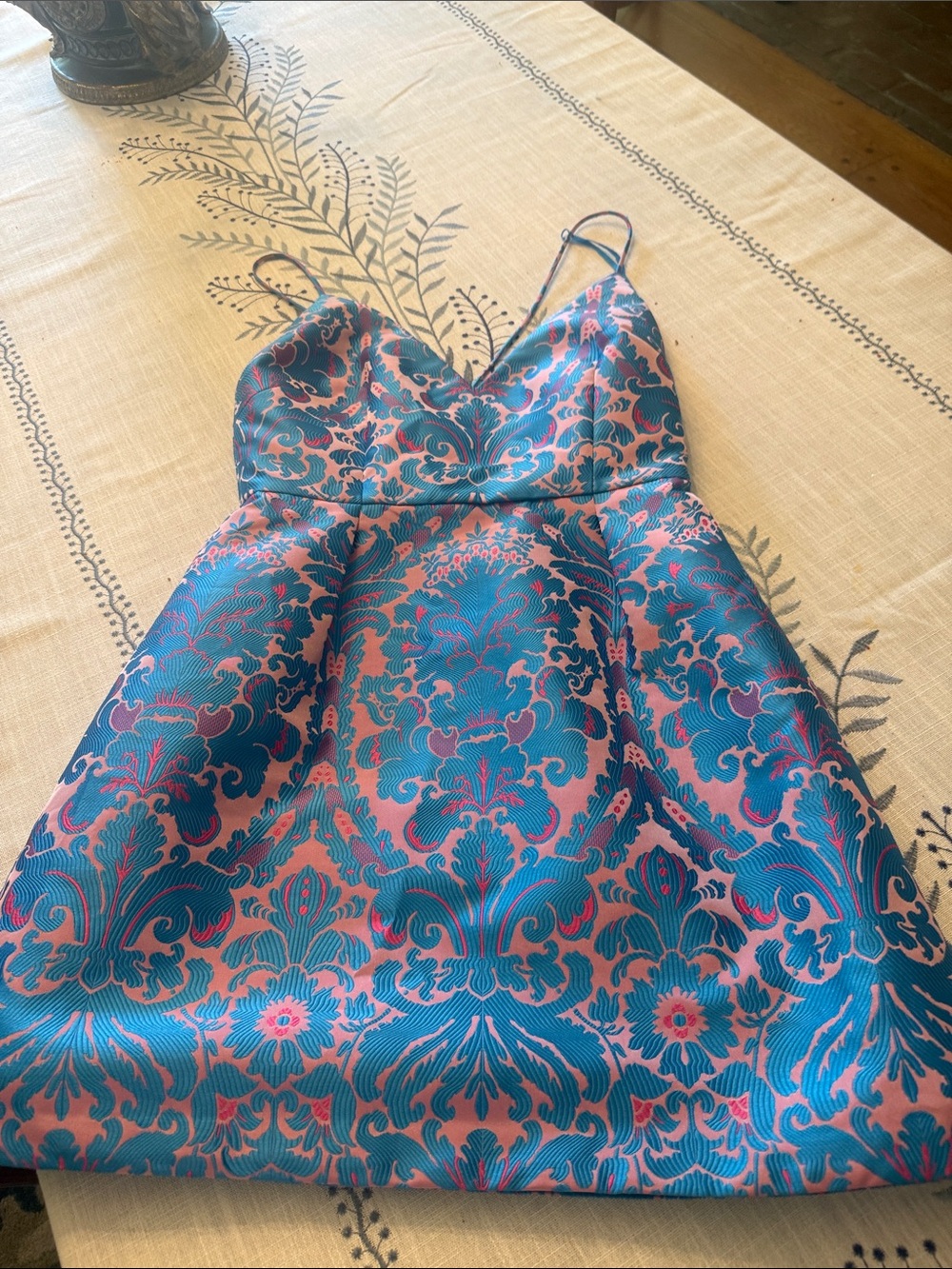 Free People Pink and Teal Brocade Spaghetti Strap Dress